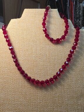 Faceted Deep Red Crystal Necklace and Bracelet Set